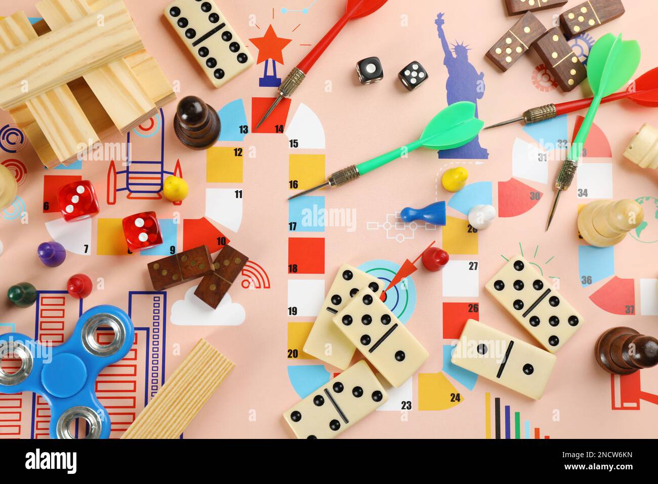 Different types of board games and its' components as background, top