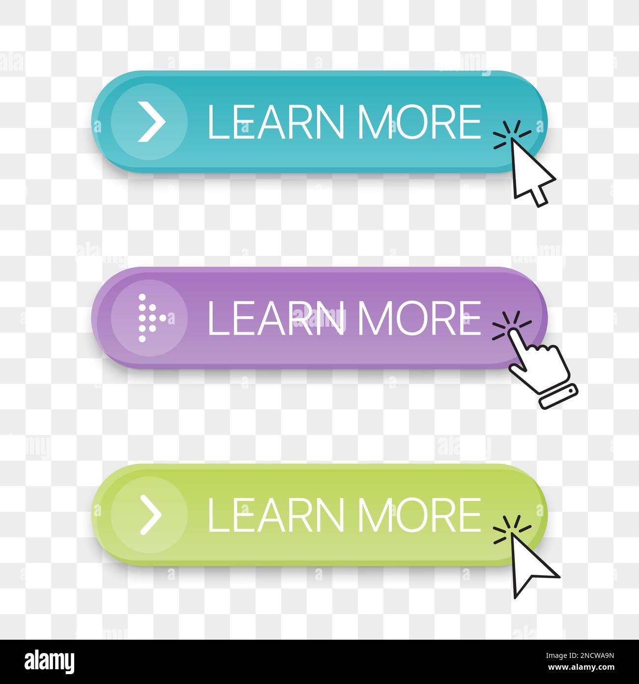 Learn more button icon collection with different clicking hand cursor Stock Vector