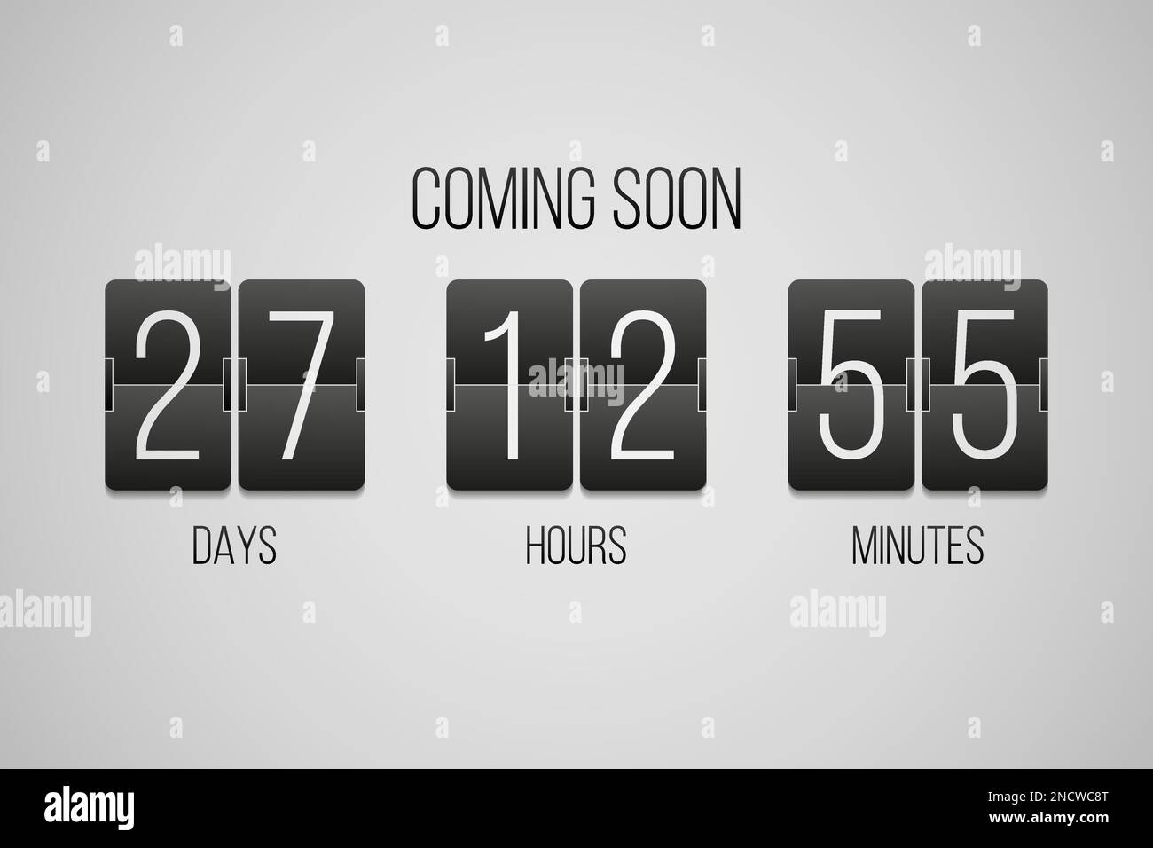 Coming soon flip countdown clock counter timer on a gray background Stock Vector