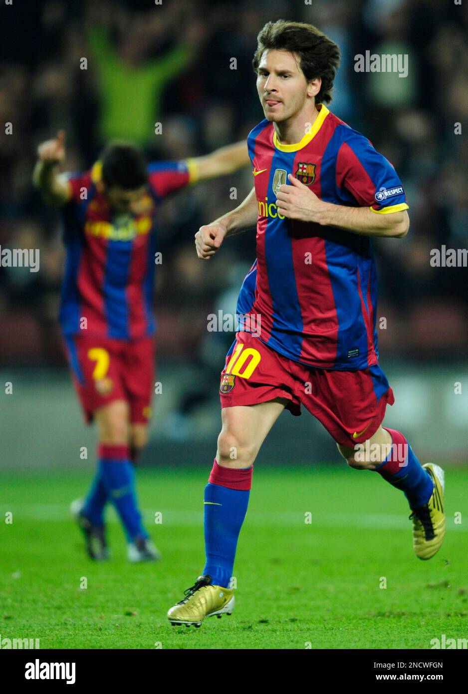 FC Barcelona's Lionel Messi from Argentina reacts after scoring