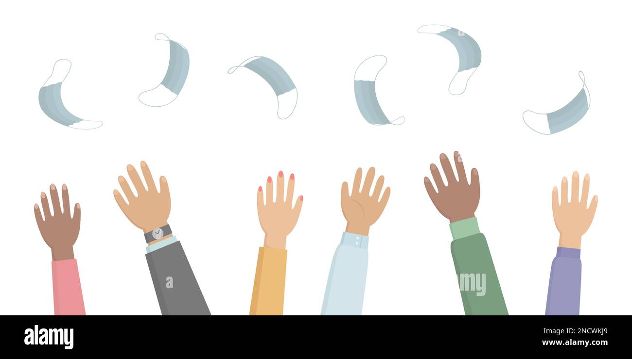 Pandemic ending. People throw up medical masks in the air. Vector