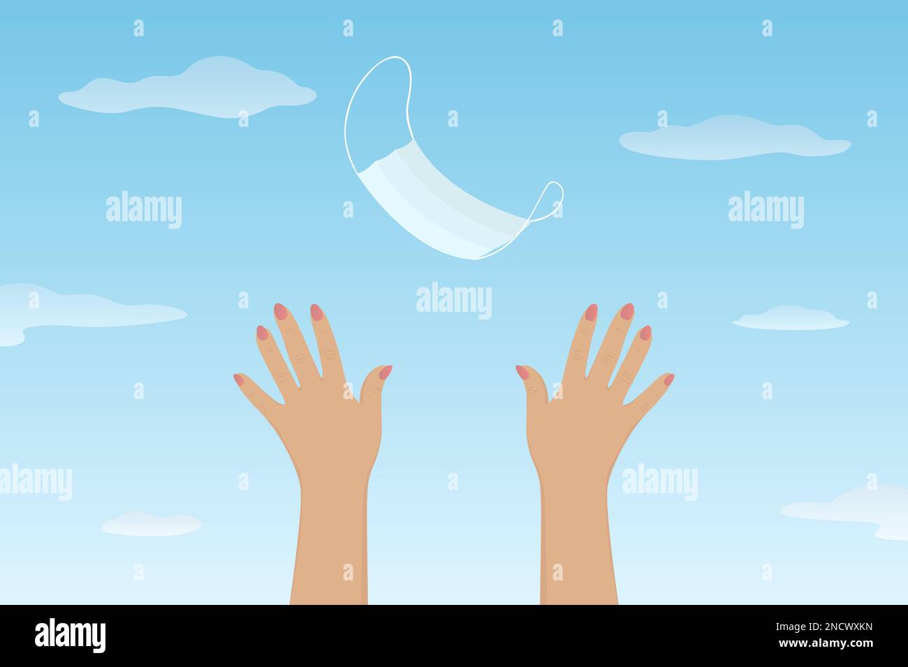 Caucasian woman toss up medical mask in the air. Quarantine is over. Vector illustration. Stock Vector