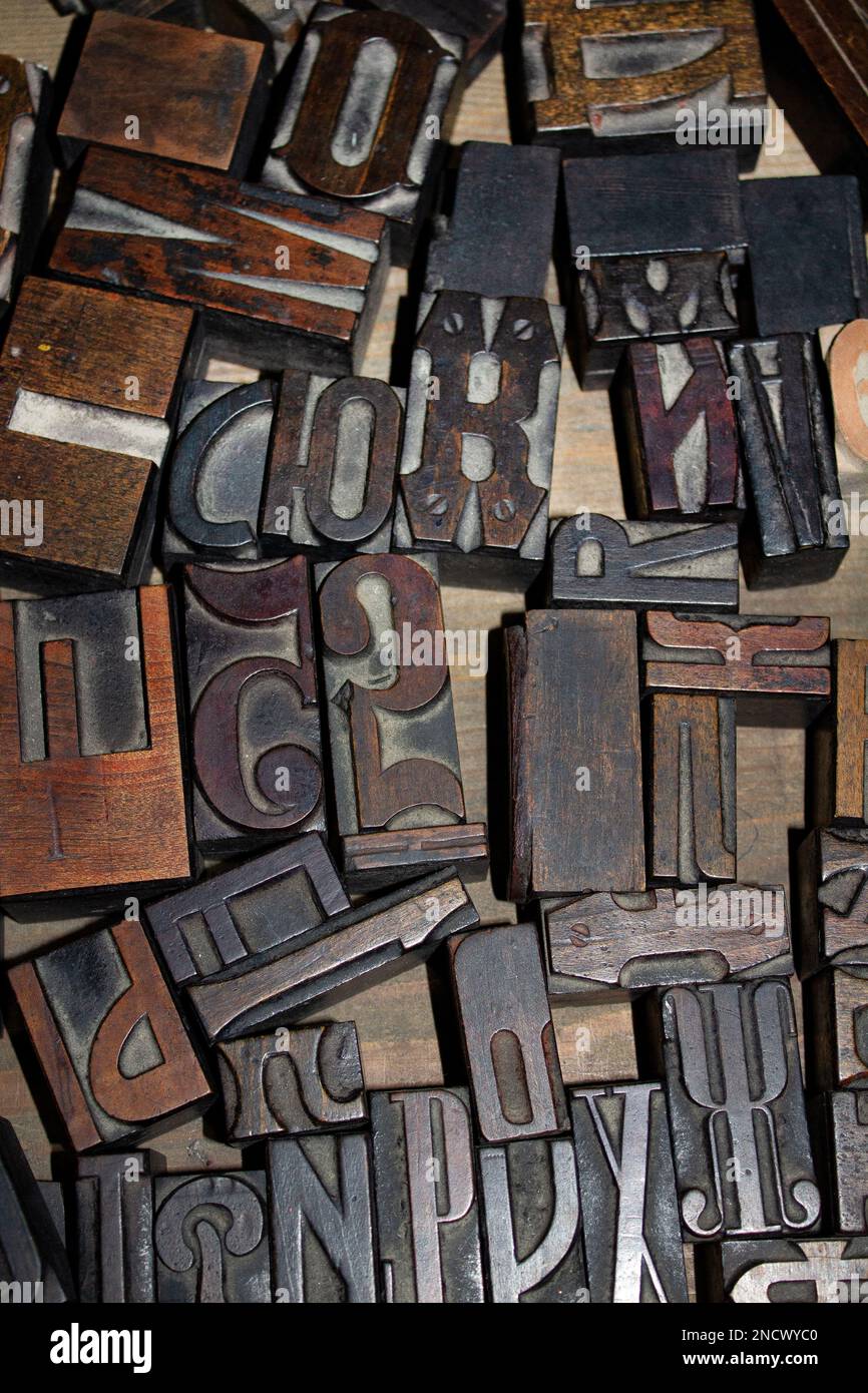 Set of old wooden letters for typography. Vintage background. Letter