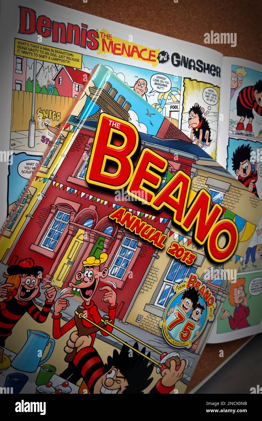A Beano comic hardback annual, celebrating 75 years of Dennis The Menace, Roger the Dodger, Billy Whizz, Lord Snooty etc, published by DC Thompson DD1 Stock Photo