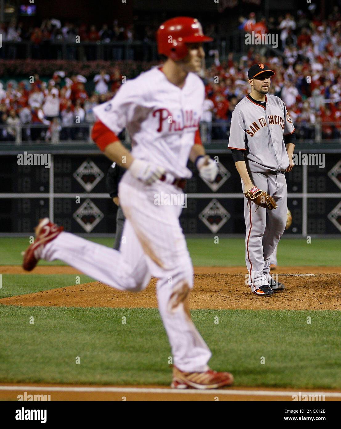 San Francisco Giants pitcher Jonathan Sanchez reacts after walking