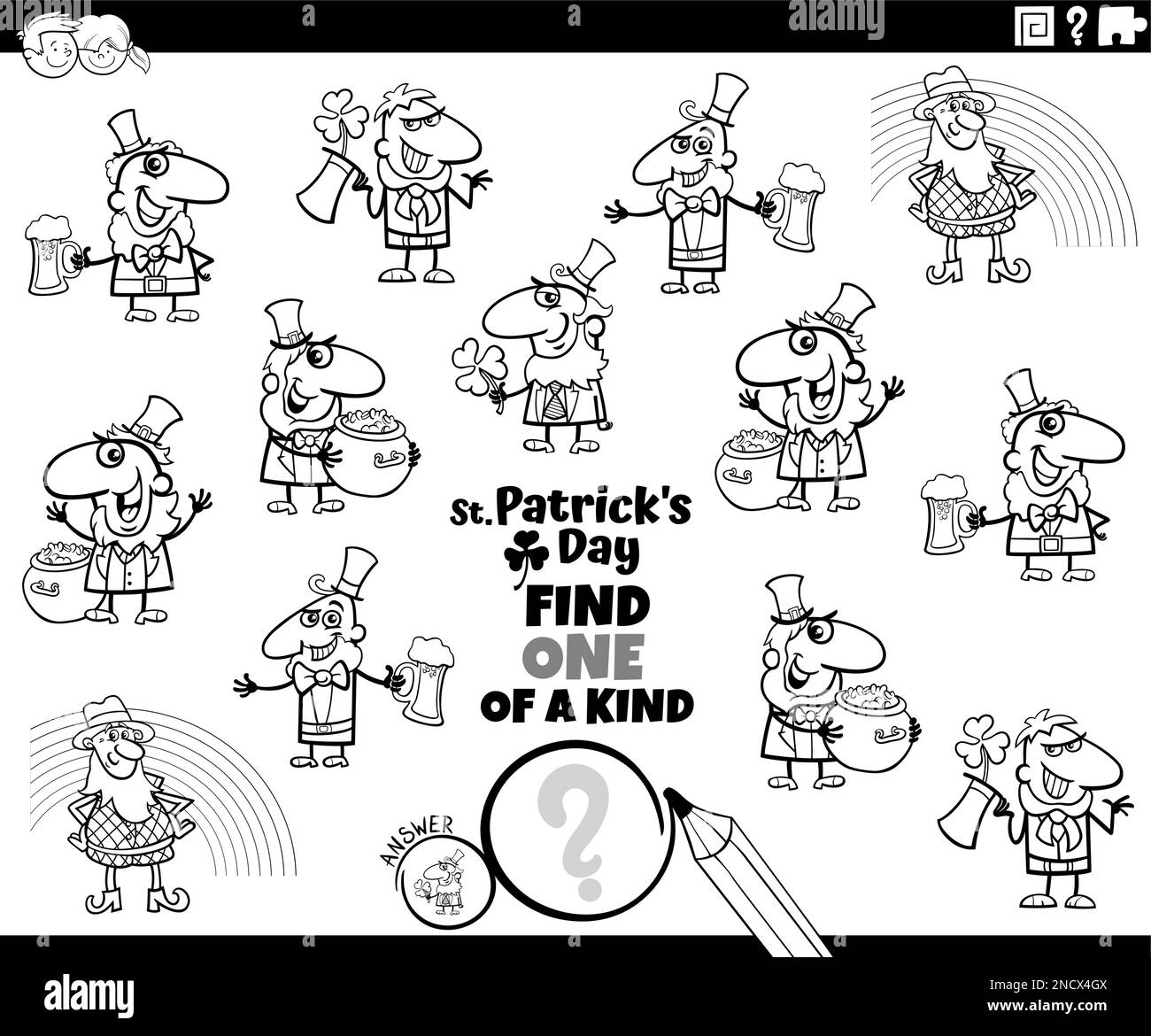 Black and white cartoon illustration of find one of a kind picture educational game with Leprechaun characters on Saint Patrick Day coloring page Stock Vector