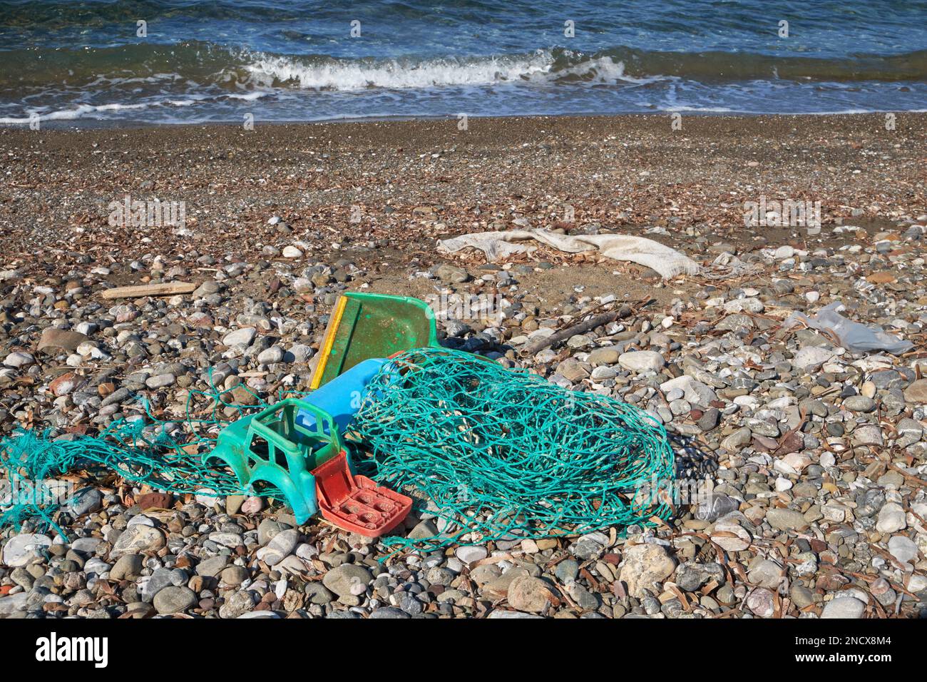 Plastic rubbish washed up on the beach, Peloponnese, Greece Stock Photo
