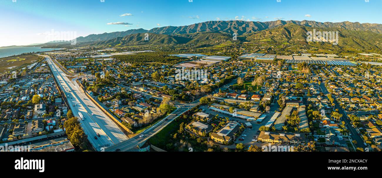Highway 101 Carpinteria. Coast Road close to Santa Barbara. Aerial Panorama Stock Photo