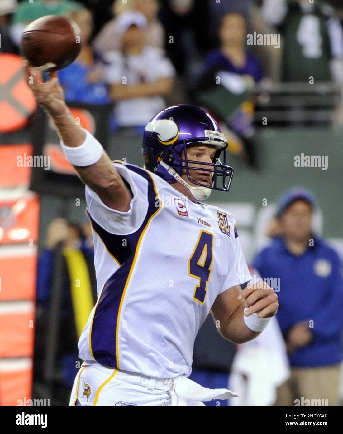 Oct. 11, 2010 - East Rutherford, New Jersey, United States of America -  Minnesota Vikings quarterback Brett Favre (4) in action at New Meadowlands  Stadium in East Rutherford New Jersey. The Jets