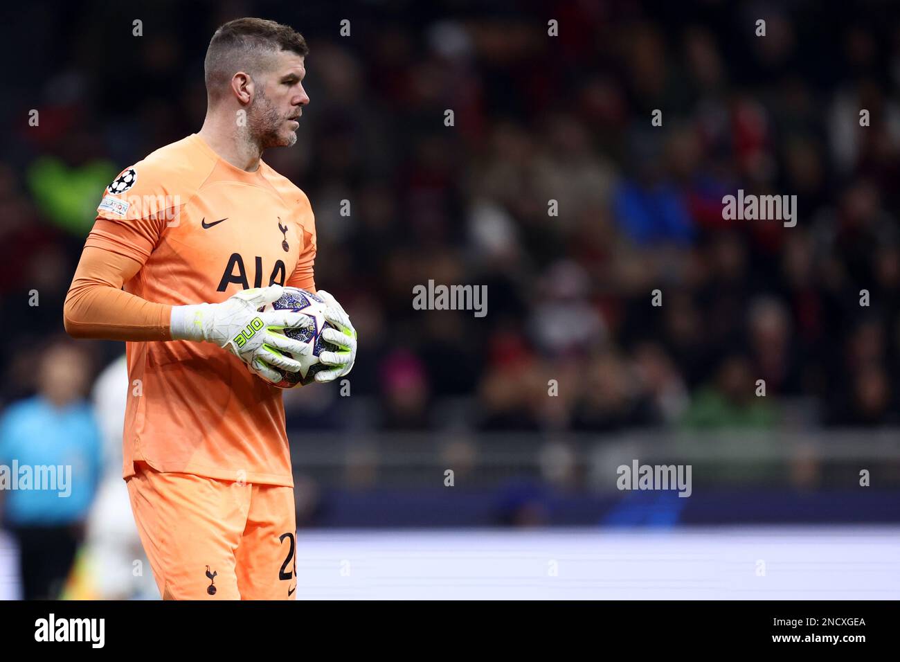 Milan, Italy. February 14, 2023, Fraser Forster of Tottenham Hotspur Fc looks on during the UEFA Champions League round of 16 leg one match between AC Milan and Tottenham Hotspur at Giuseppe Meazza Stadium on February 14, 2023 in Milan, Italy. Stock Photo