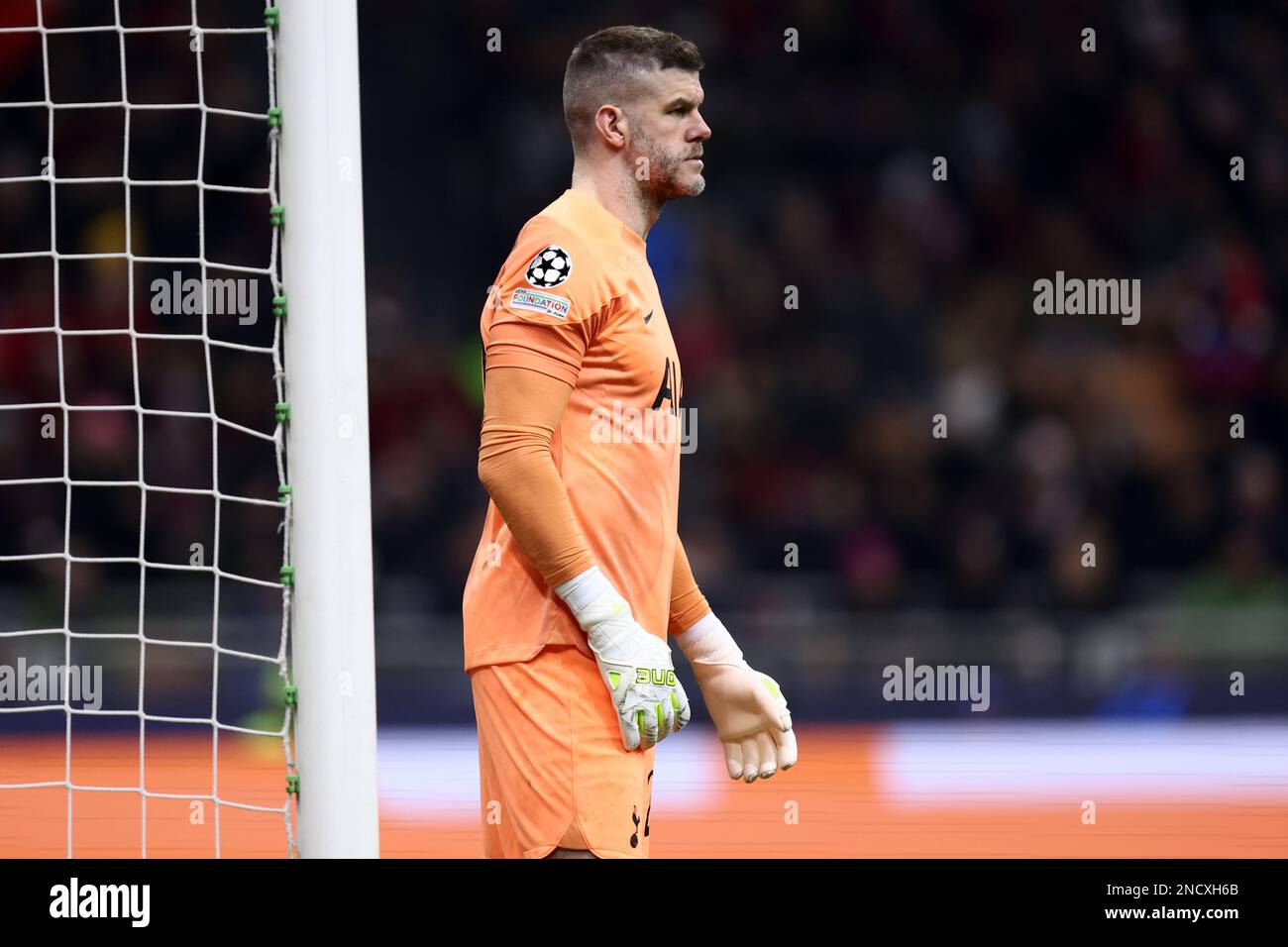 Milan, Italy. February 14, 2023, Fraser Forster of Tottenham Hotspur Fc controls the ball during the UEFA Champions League round of 16 leg one match between AC Milan and Tottenham Hotspur at Giuseppe Meazza Stadium on February 14, 2023 in Milan, Italy. Stock Photo