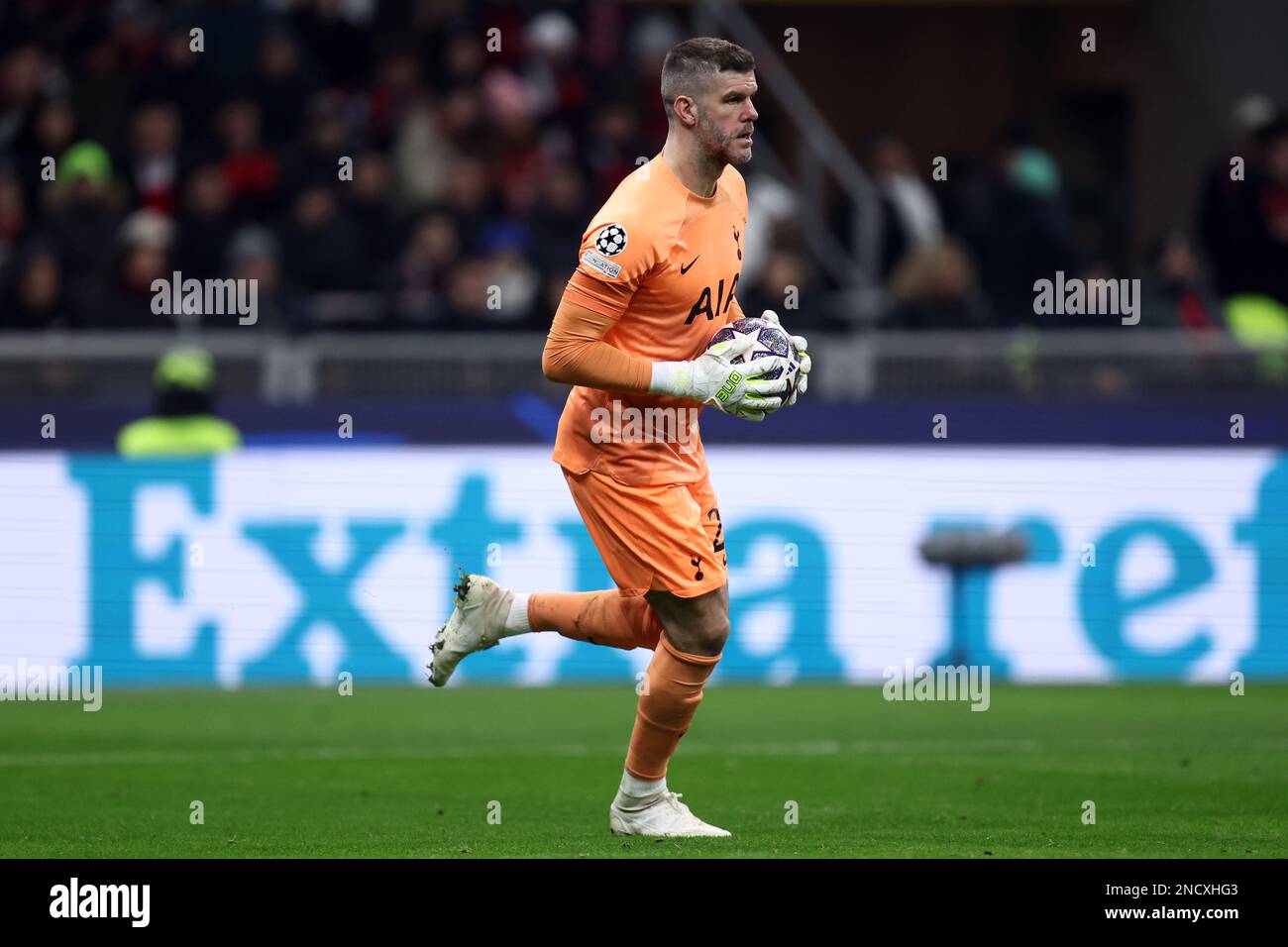 Milan, Italy. February 14, 2023, Fraser Forster of Tottenham Hotspur Fc controls the ball during the UEFA Champions League round of 16 leg one match between AC Milan and Tottenham Hotspur at Giuseppe Meazza Stadium on February 14, 2023 in Milan, Italy. Stock Photo