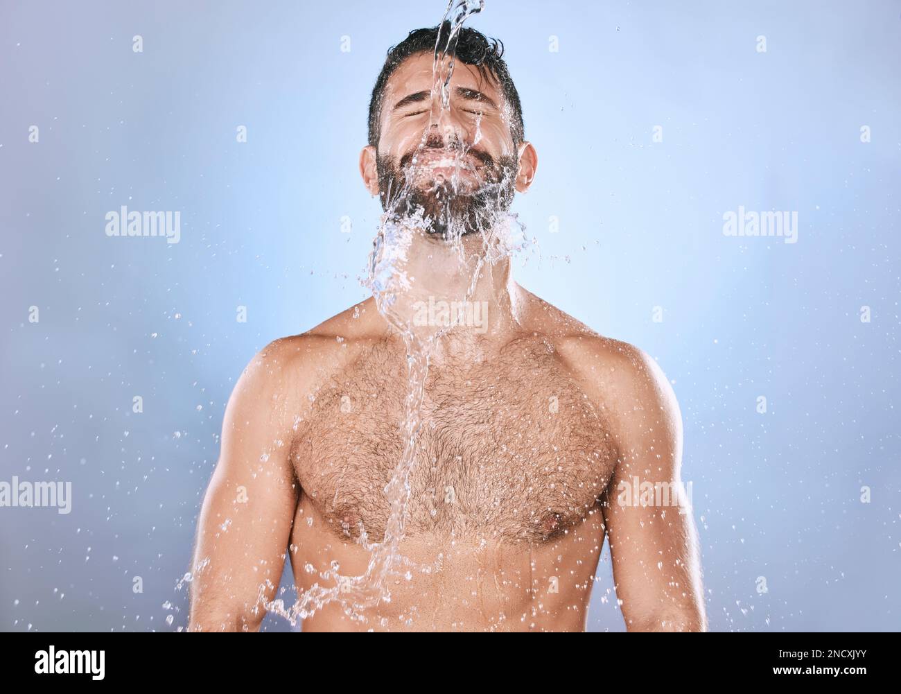 Man, water splash and skin care or shower with clean face for beauty ...
