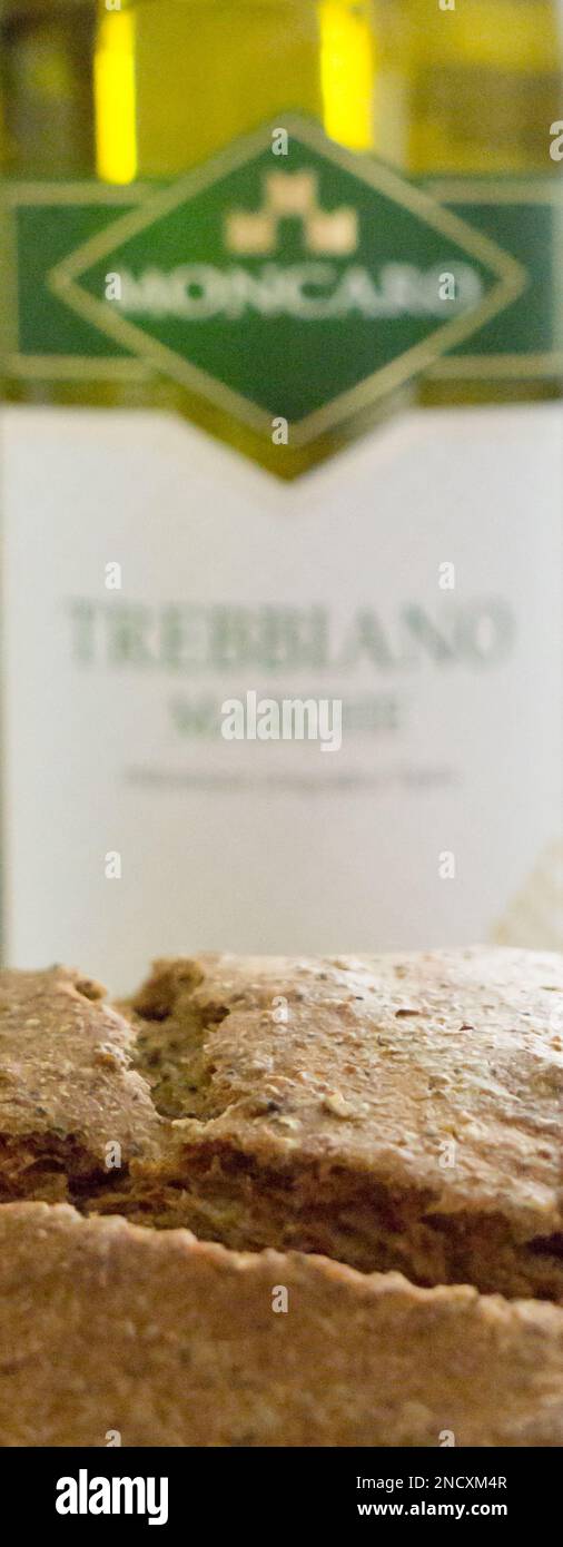 Wine MONCARO Trebbiano Marche. Stock Photo