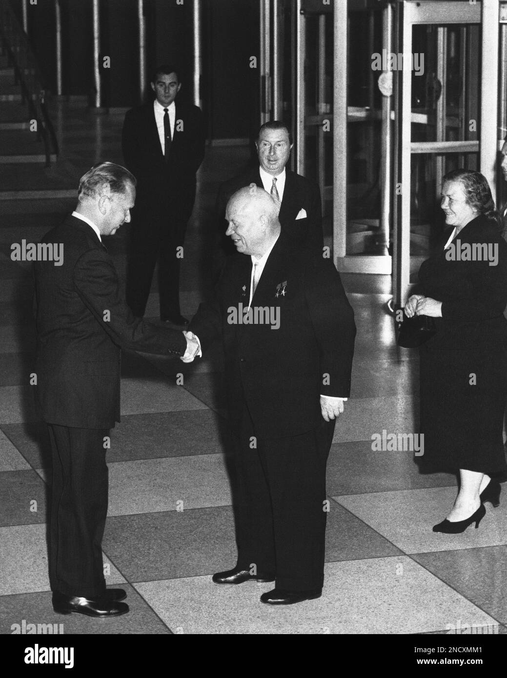 Under the strict definitions of Untied Nations' protocol, Soviet Premier Nikita  Khrushchev didn't qualify for this personal greeting in the U.N. by  Secretary General Dag Hammarskjold, Nov. 24, 1959, but Russia had