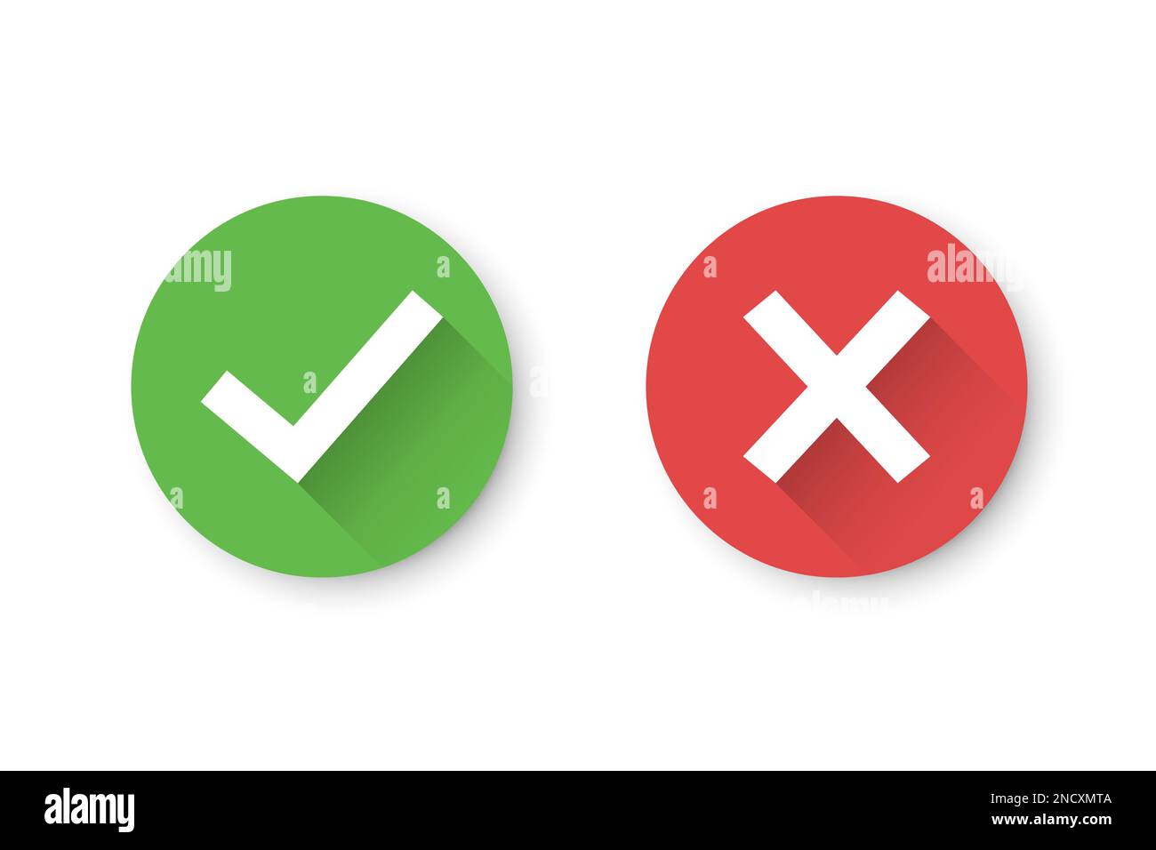 Set of check mark and cross icons with long shadow Stock Vector