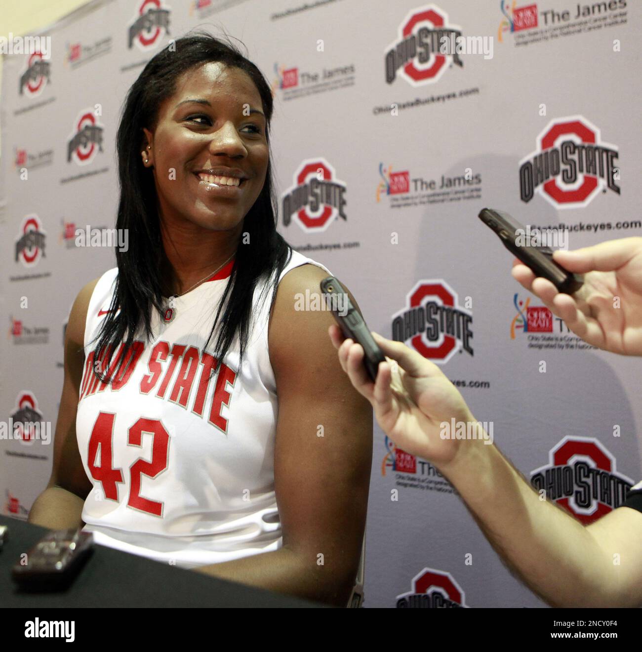 Ohio State center Jantel Lavender answers questions during the women's basketball teams media