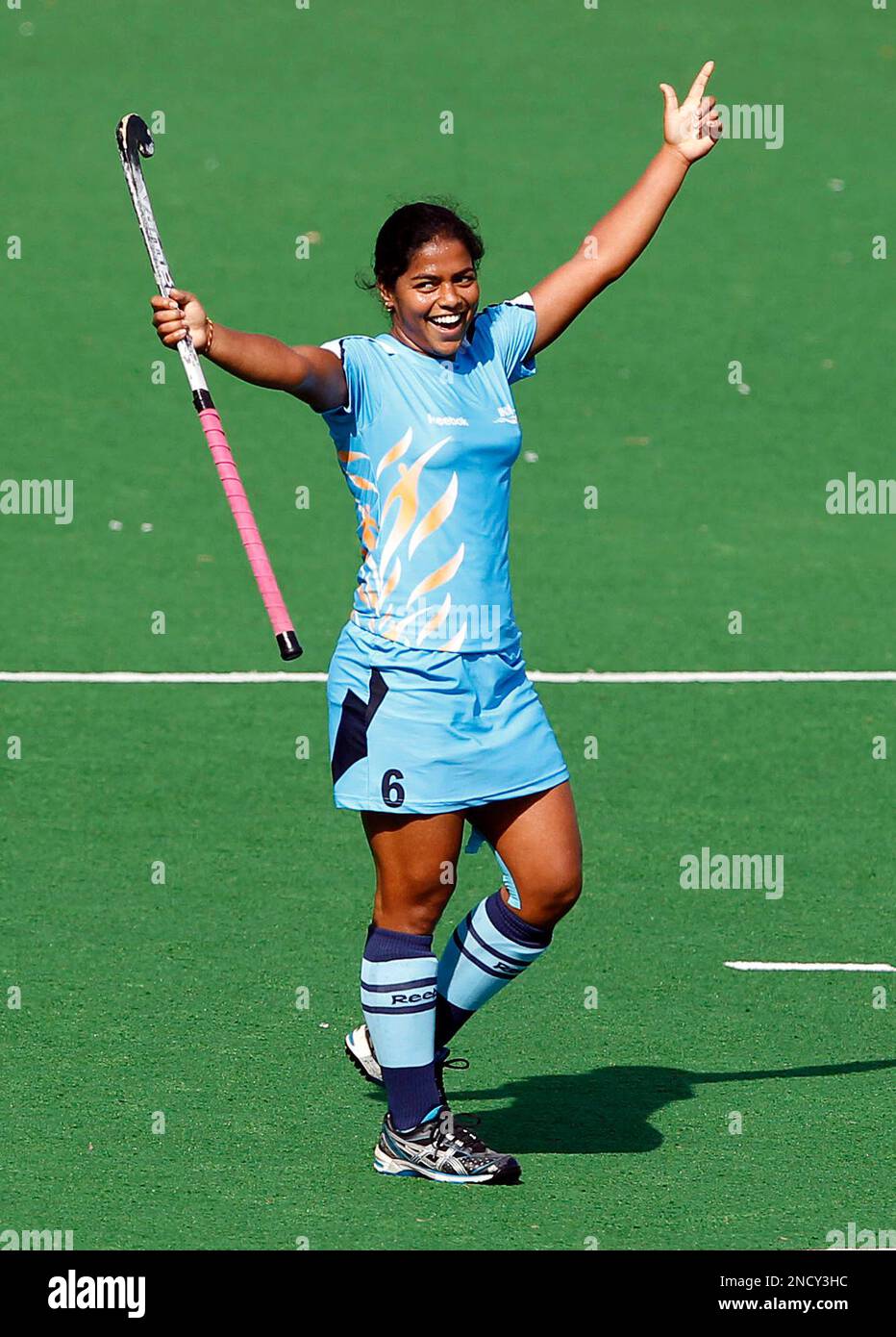 Indias Deepika Thakur celebrates her teams victory over Canada in the womens semi-final field hockey match during the Commonwealth Games at the Major Dhyan Chand National Stadium in New Delhi, India, Monday,