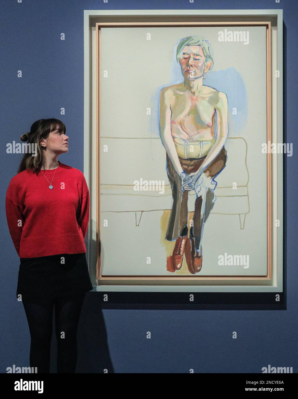 London uk 15th feb 2023 staff with alice neel andy warhol 1970