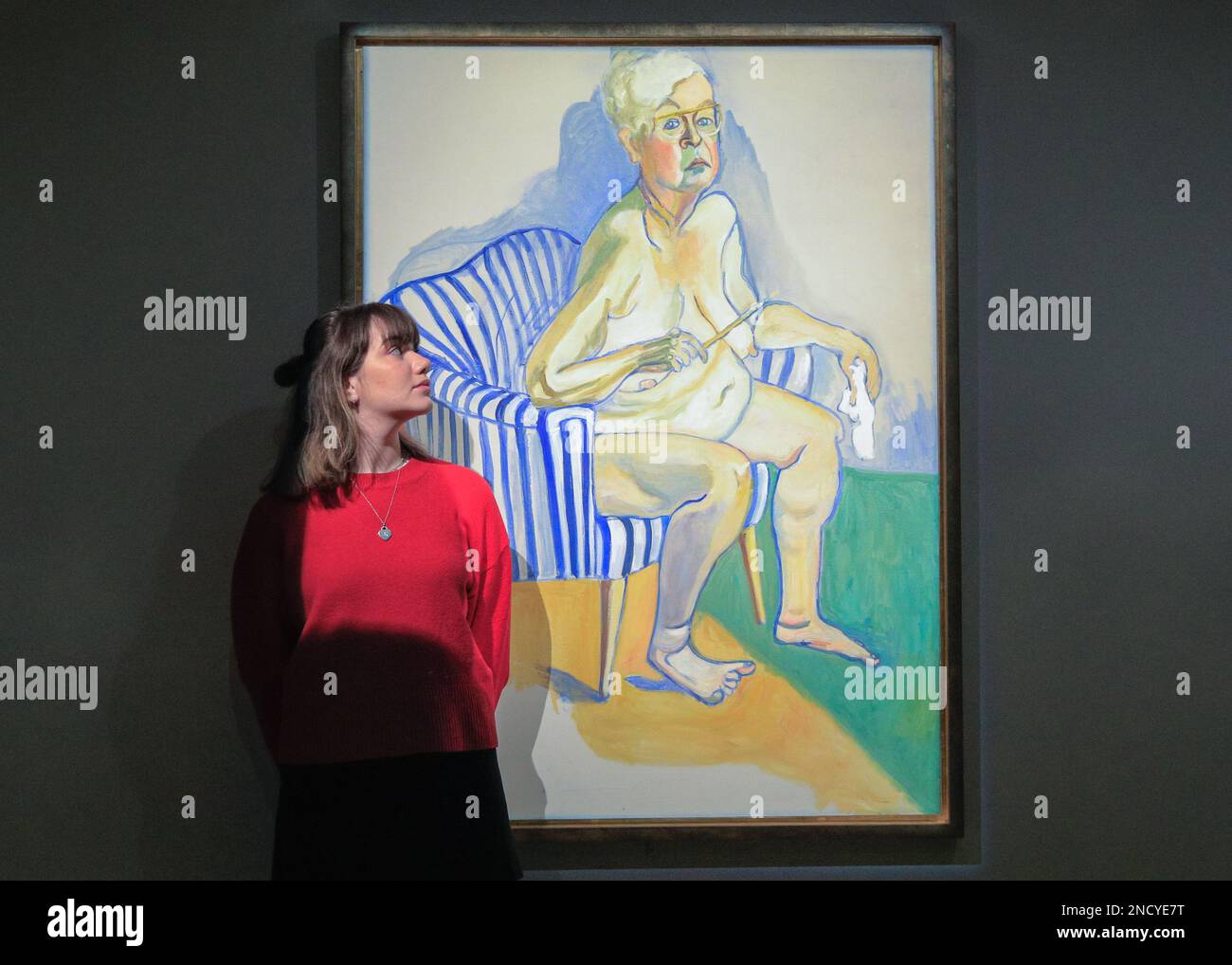 London, UK. 15th Feb, 2023. Staff with Alice Neel, Self-Portrait, 1980 ...