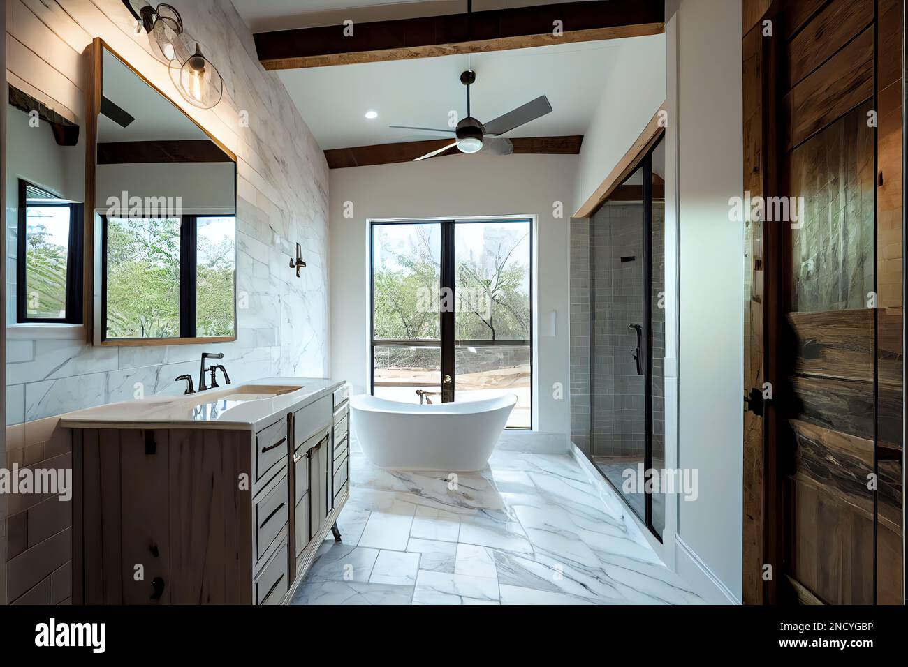 An open space bathroom design with white color and window in morden