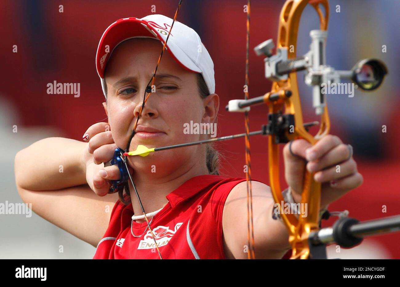 England's Nicky Hunt shoots on her way to winning the gold medal in the