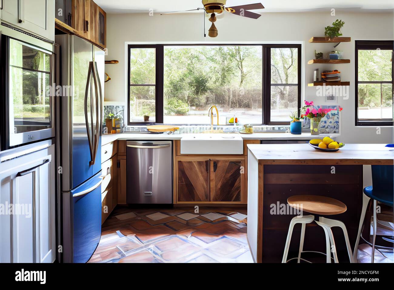 An open space bathroom design with white color and window in morden