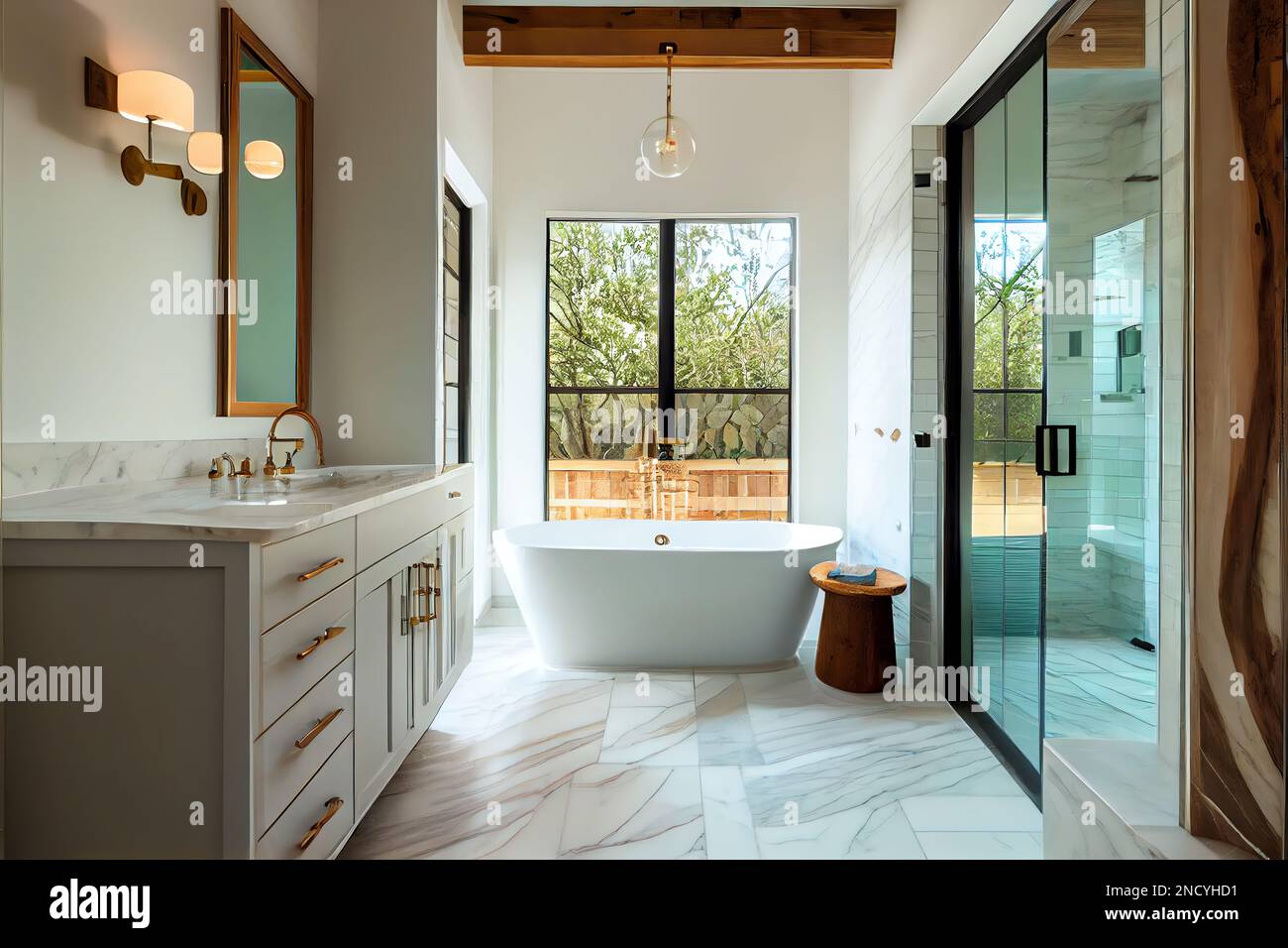 An open space bathroom design with white color and window in morden