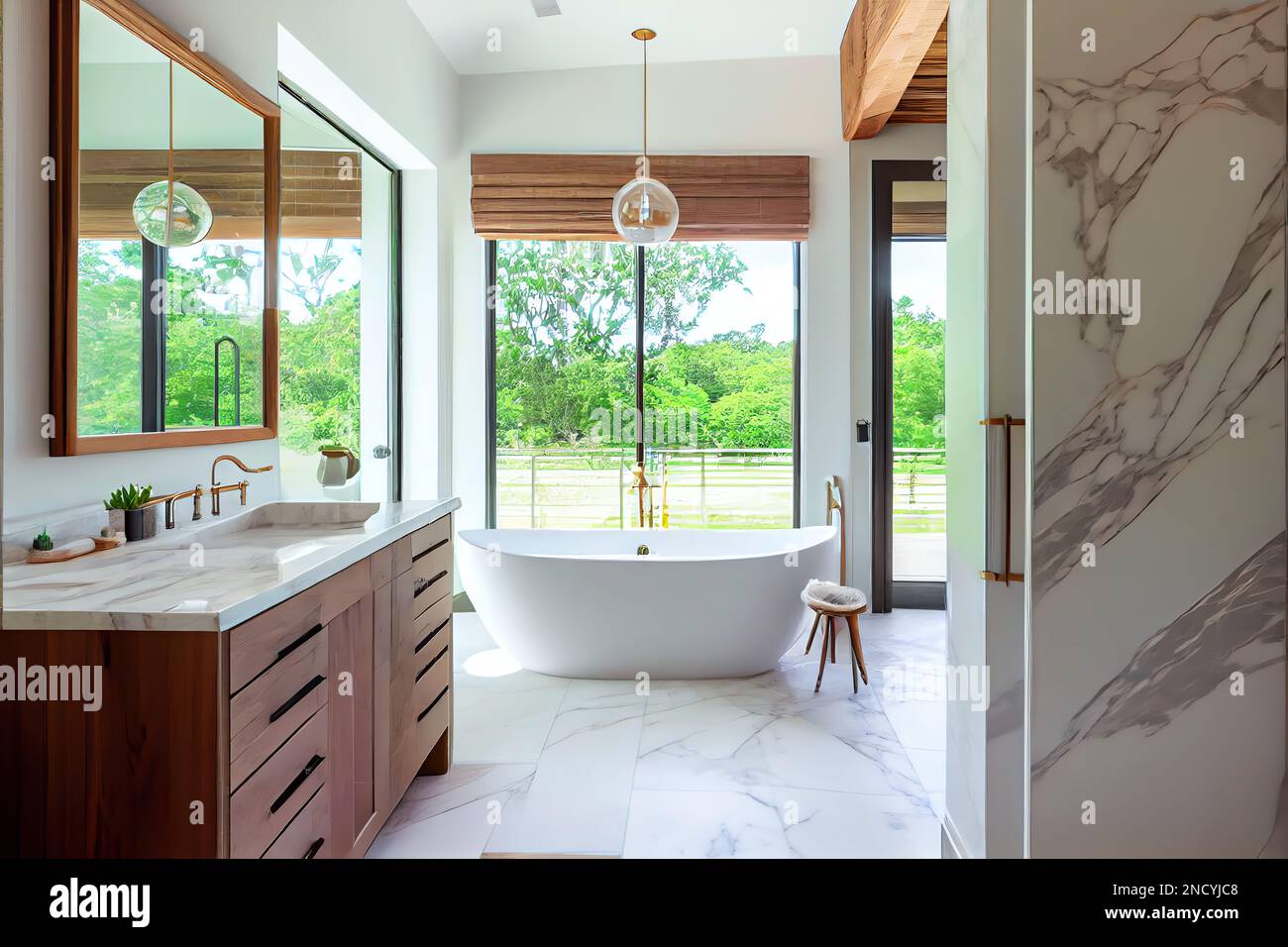 An open space bathroom design with white color and window in morden