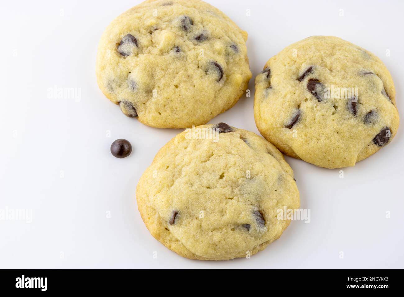 Chocolate chip cookies on white background with copy space Stock Photo