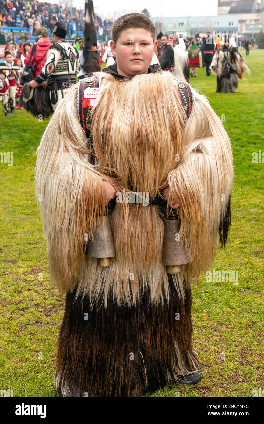 Young boy in Babugeri costume made of goat's fur participating at annual Kukeri festival Simitlia in Simitli, Bulgaria, Eastern Europe, Balkans, EU Stock Photo