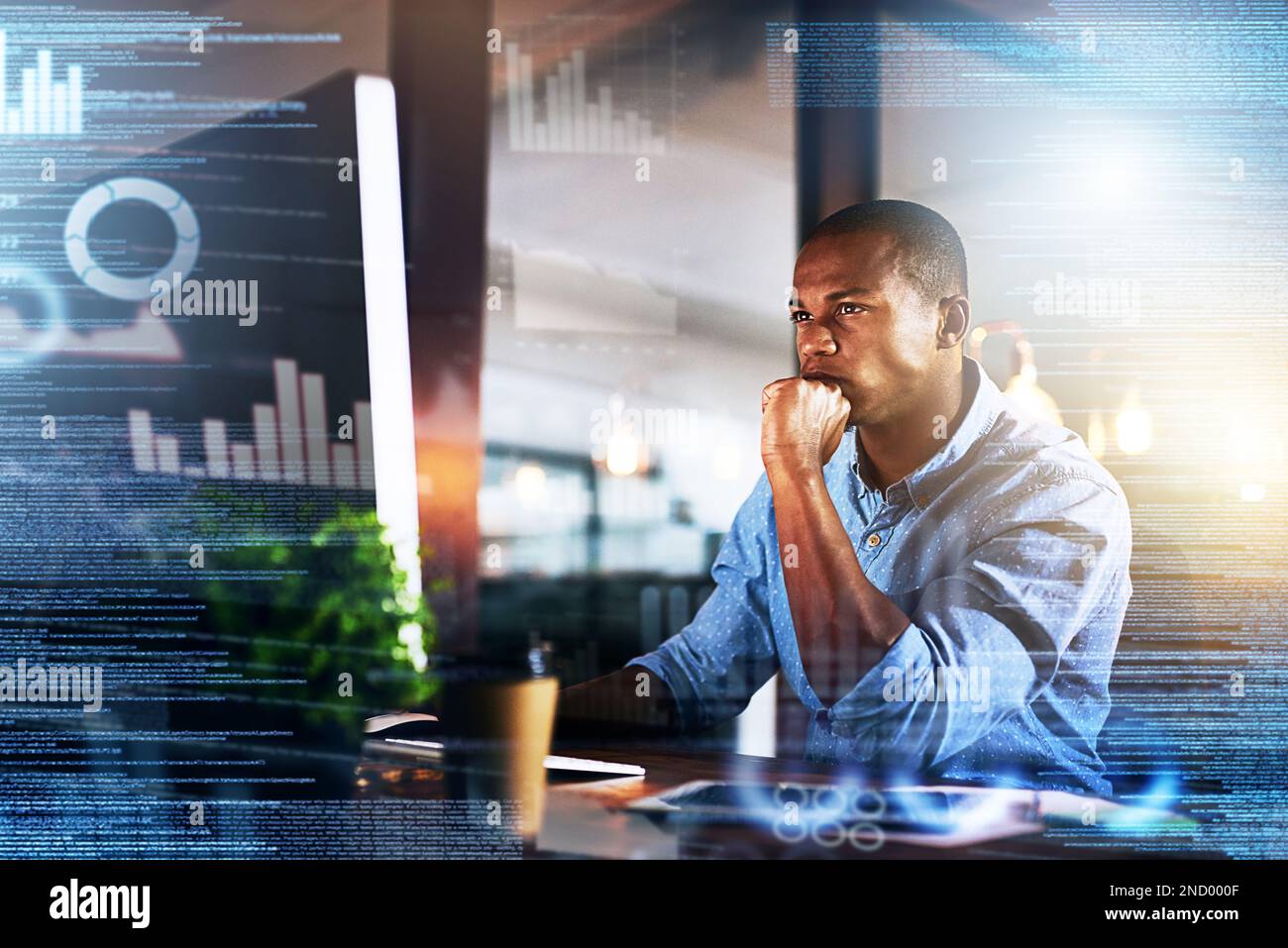 Thinking, futuristic and black man on computer with double exposure for