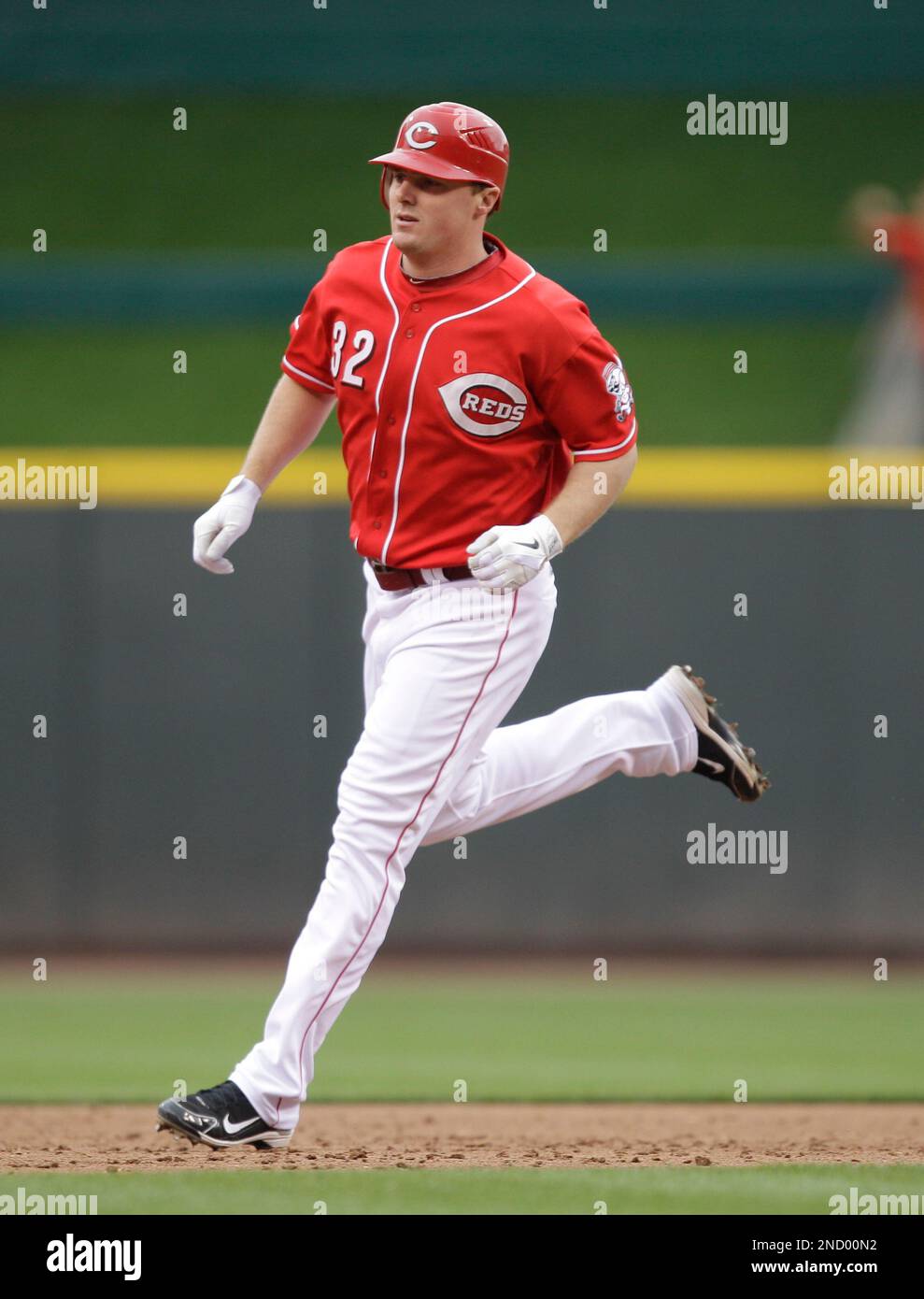 April 21, 2015: Cincinnati Reds right fielder Jay Bruce #32 rounds second  base after hitting a grand slam during the Major League Baseball game  between the Milwaukee Brewers and the Cincinnati Reds