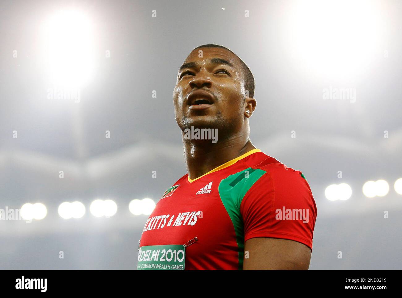 St. Kitts and Nevis' Brijesh Lawrence reacts after competing in a Men's