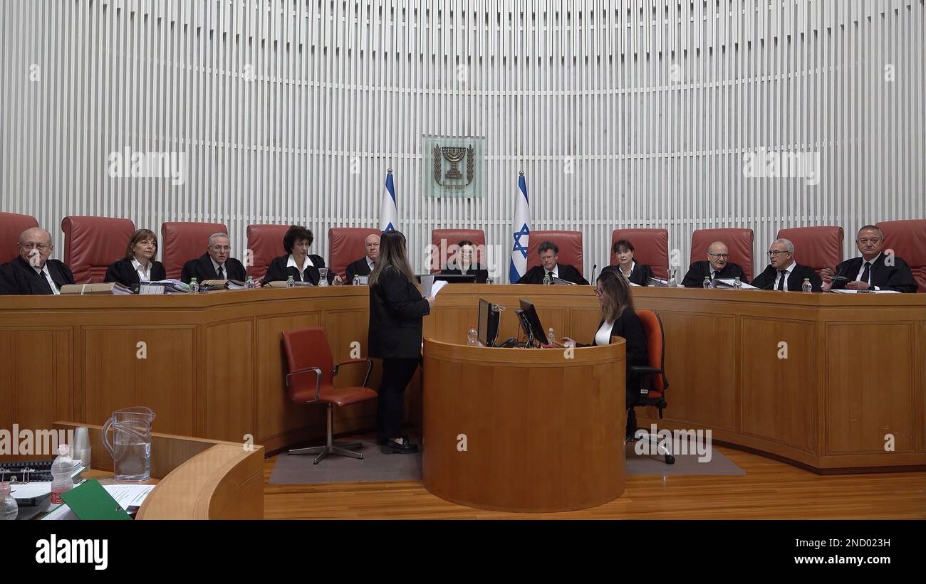 JERUSALEM, ISRAEL - JANUARY 5: President of the Supreme Court Esther Hayut and Supreme court Justices attend a court hearing on petitions demanding the annulment of the appointment of Shas leader Aryeh Deri as a minister in Netanyahu's hard-line new government due to his recent tax fraud conviction at the Supreme Court on January 5, 2023, in Jerusalem, Israel. Credit: Eddie Gerald/Alamy Live News Stock Photo