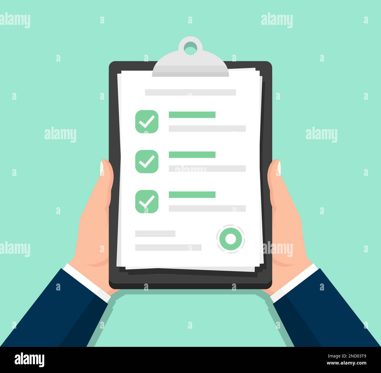 Businessman hands holding clipboard checklist in a flat design Stock ...