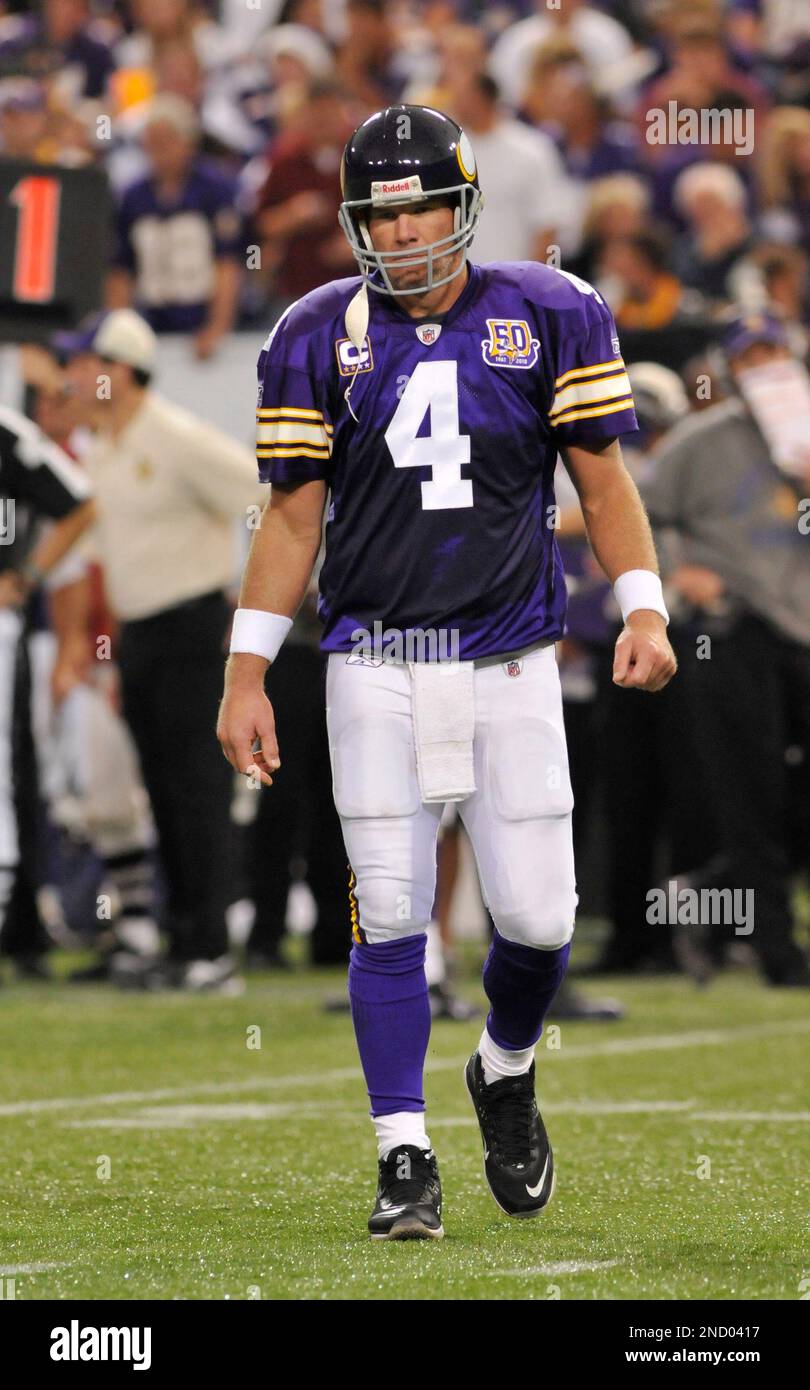 Sept 9, 2010: Minnesota Vikings quarterback Brett Favre (4) hands the ball  off during the NFL Season opener between the New Orleans Saints and the Minnesota  Vikings at the Louisiana Superdome in