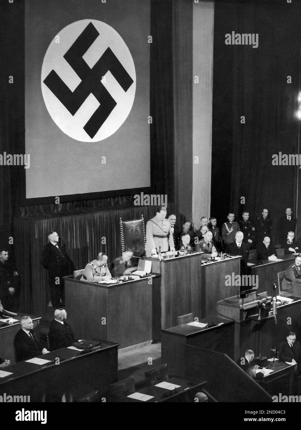 President Goering has opened the new Reichstag session in the Kroll Opera Building in Berlin, Dec. 12, 1933. The whole new Reichstag consists of National Socialist Colligates only. A view of the session during the speech of President R. Goering. (AP Photo) Stock Photo