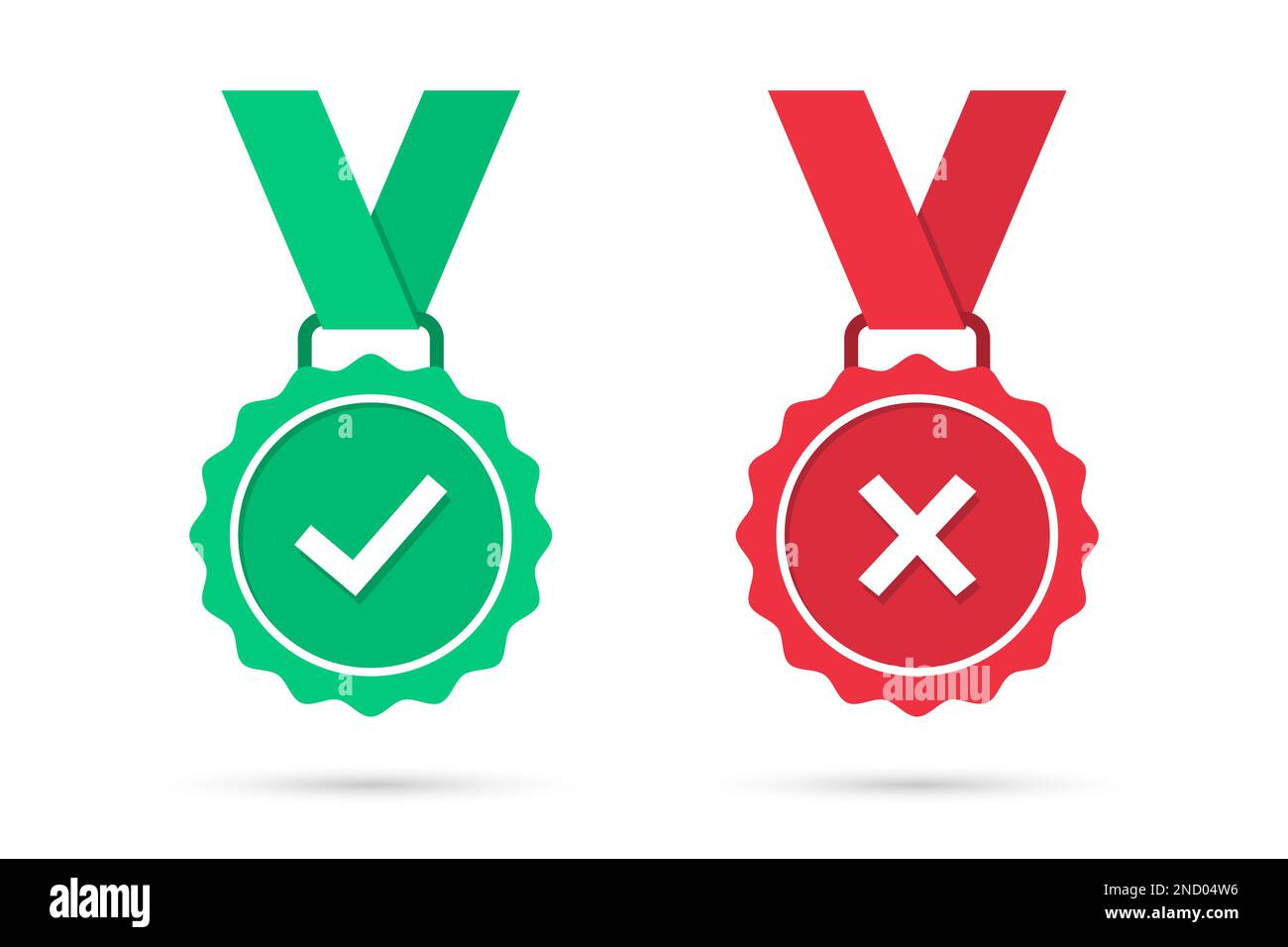 Check and cross medal icons in a flat design. Green approved and red rejected medal badge with shadow. Set of certified medal icons. Vector illustrati Stock Vector