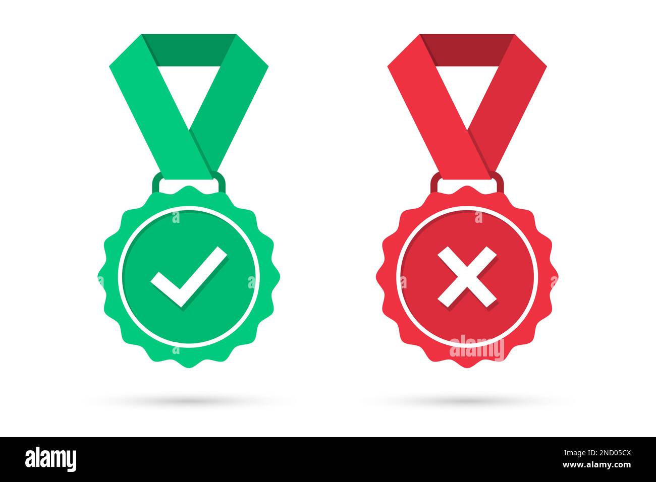 Check and cross medal icons in a flat design. Green approved and red rejected medal badge with shadow. Set of certified medal icons. Vector illustrati Stock Vector