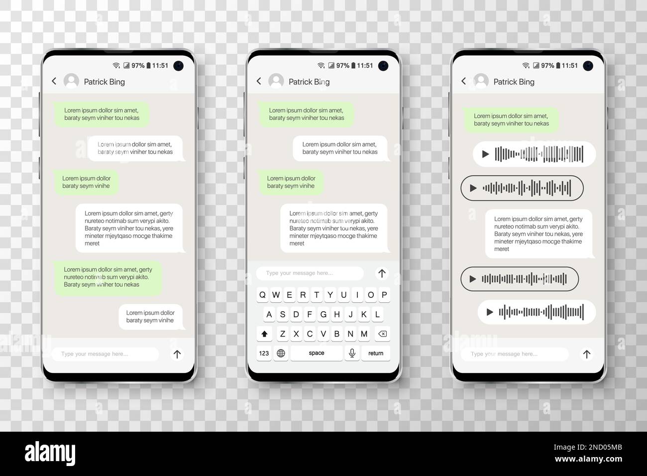 Mobile App Message Model Smartphone with message chat speech bubbles. Mobile app template Stock ...