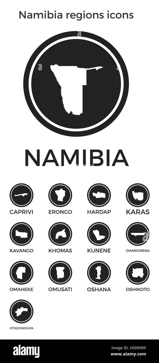 Namibia regions icons. Black round logos with country regions maps and titles. Vector illustration. Stock Vector