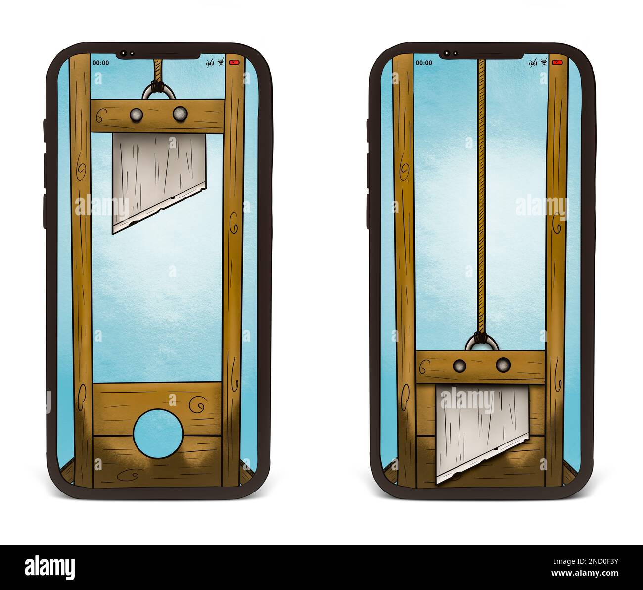 Get hanged. Guillotine. Guillotine used in the late 1700s for get hanged. Cell phone addiction. Digital drawing. Executioner in the Middle Ages. Stock Photo