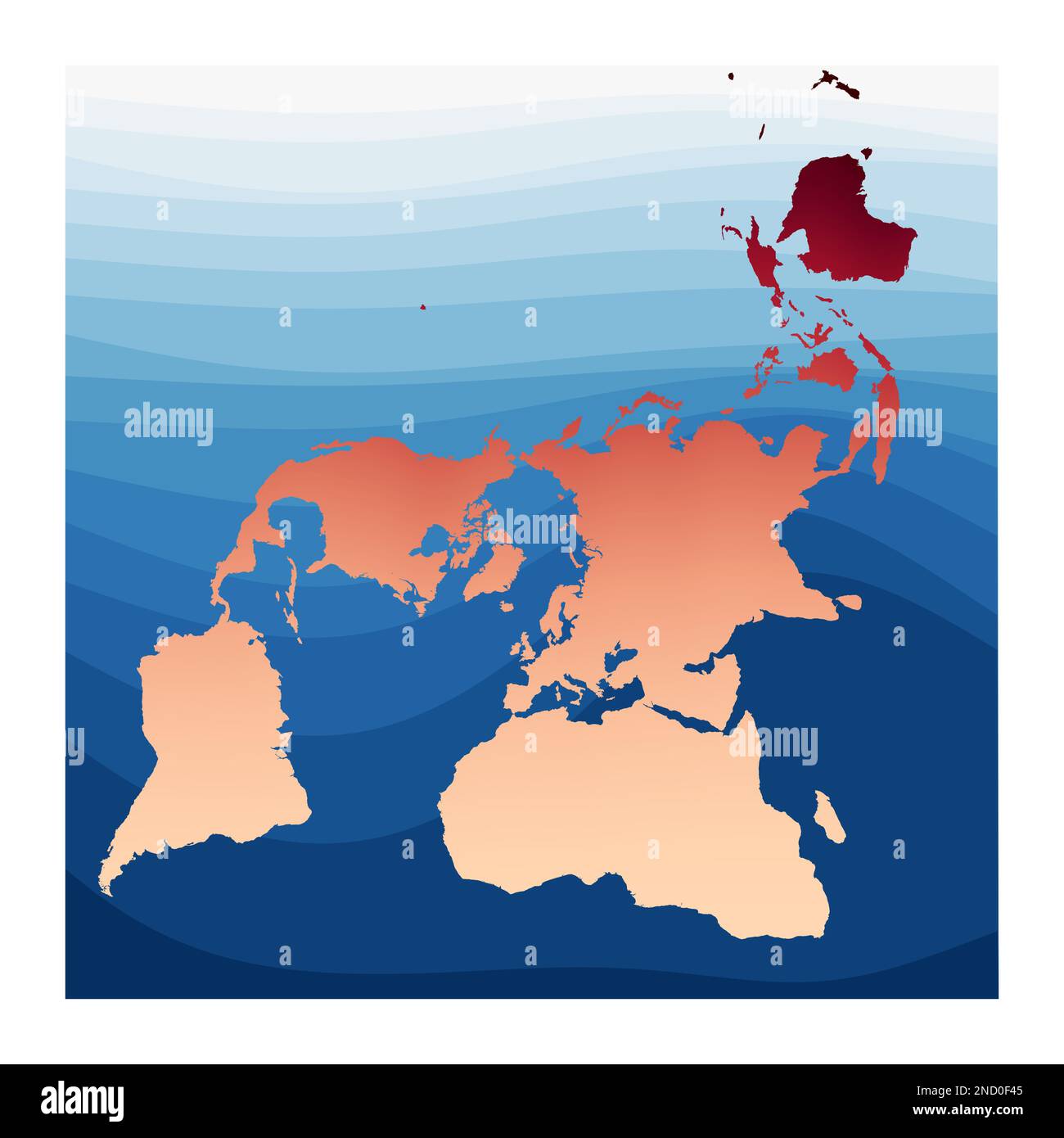 World Map Vector. Peirce quincuncial projection. World in red orange gradient on deep blue ocean waves. Modern vector illustration. Stock Vector