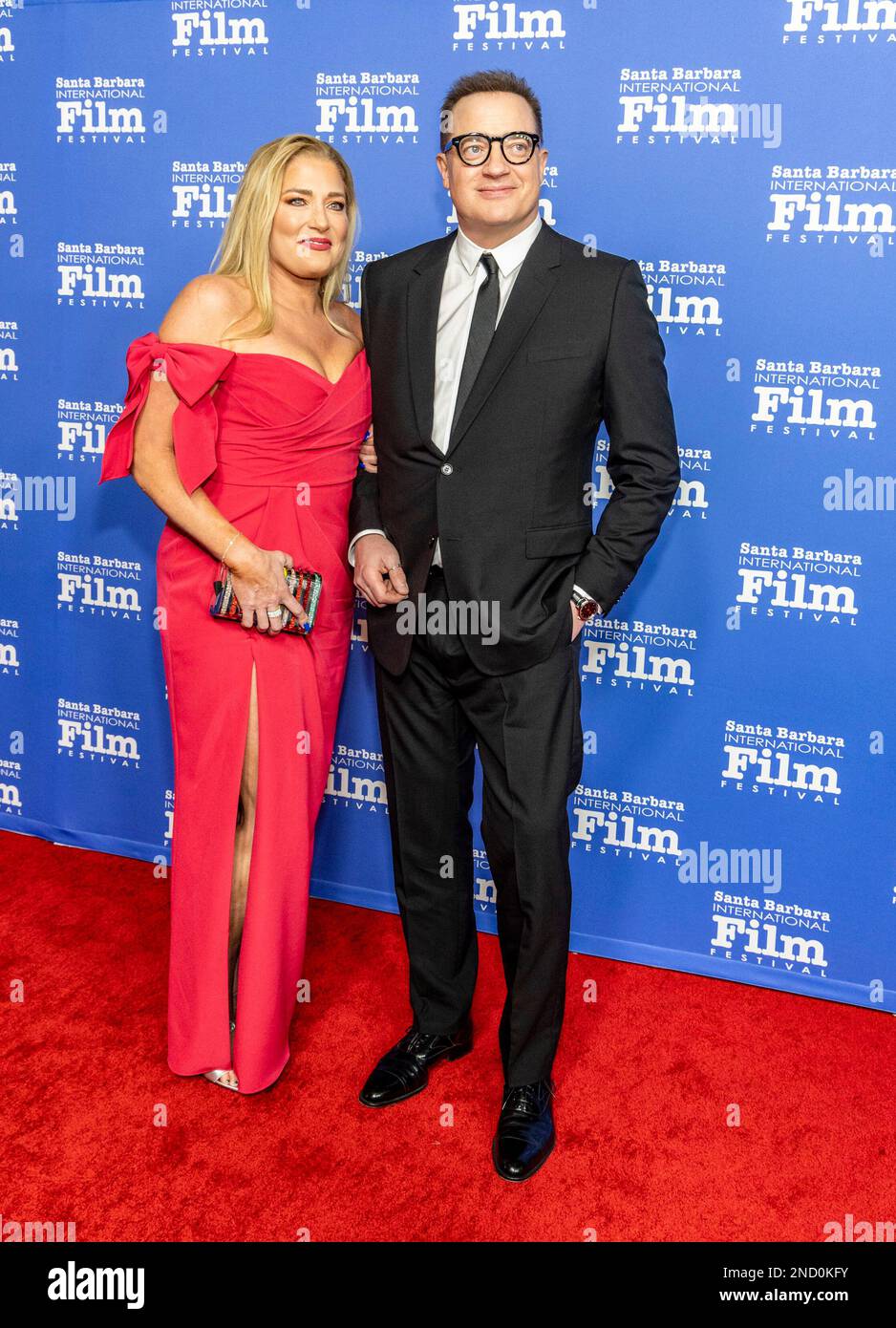 Santa Barbara, CA. February 14, 2023, Brendan Fraser and girlfriend Jeanne Moore arrive at the