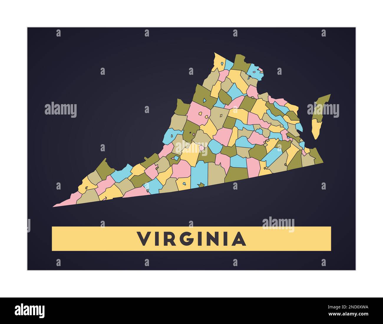 Virginia map. Us state poster with regions. Shape of Virginia with us state name. Appealing vector illustration. Stock Vector