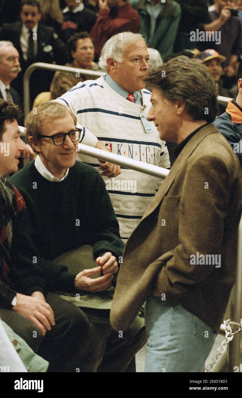 Director Woody Allen, left, chats with actor Dustin Hoffman during the