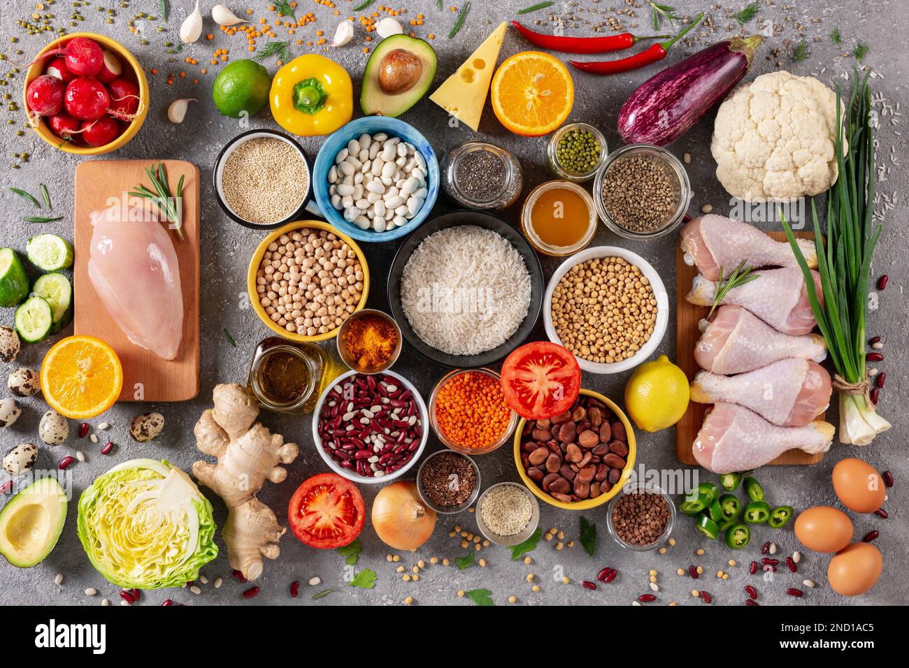 Healthy food vegetables, fruits grains, nuts, cereals and fruits, top ...