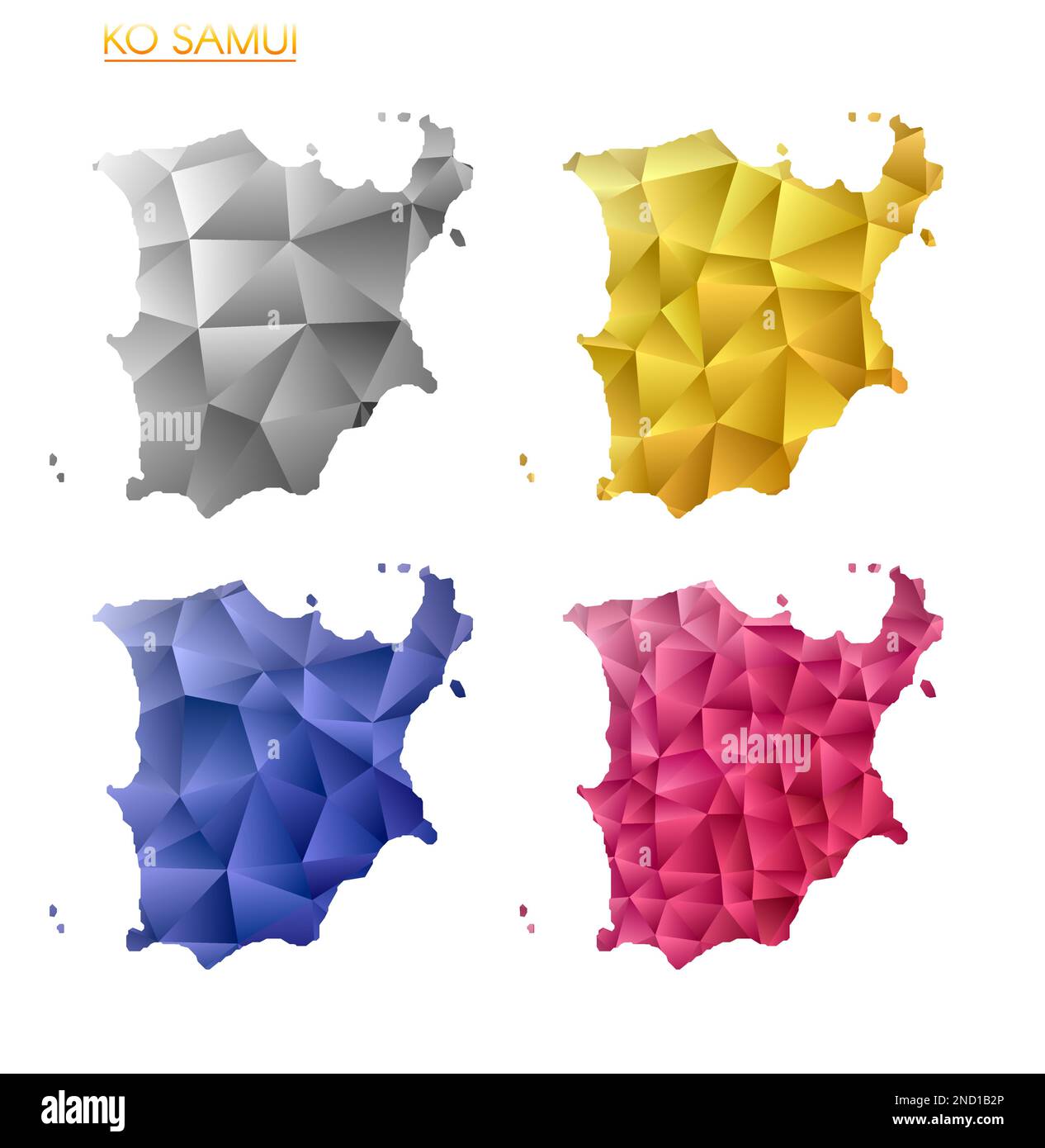 Set of vector polygonal maps of Ko Samui. Bright gradient map of island in low poly style. Multicolored Ko Samui map in geometric style for your infog Stock Vector