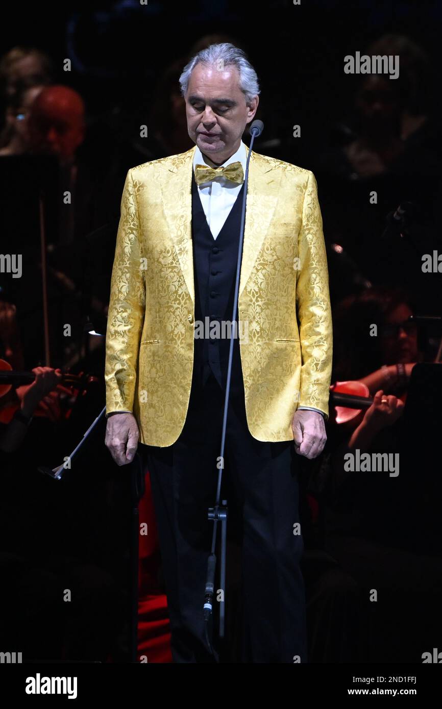 Sunrise FL, USA. 14th Feb, 2023. Andrea Bocelli performs during a